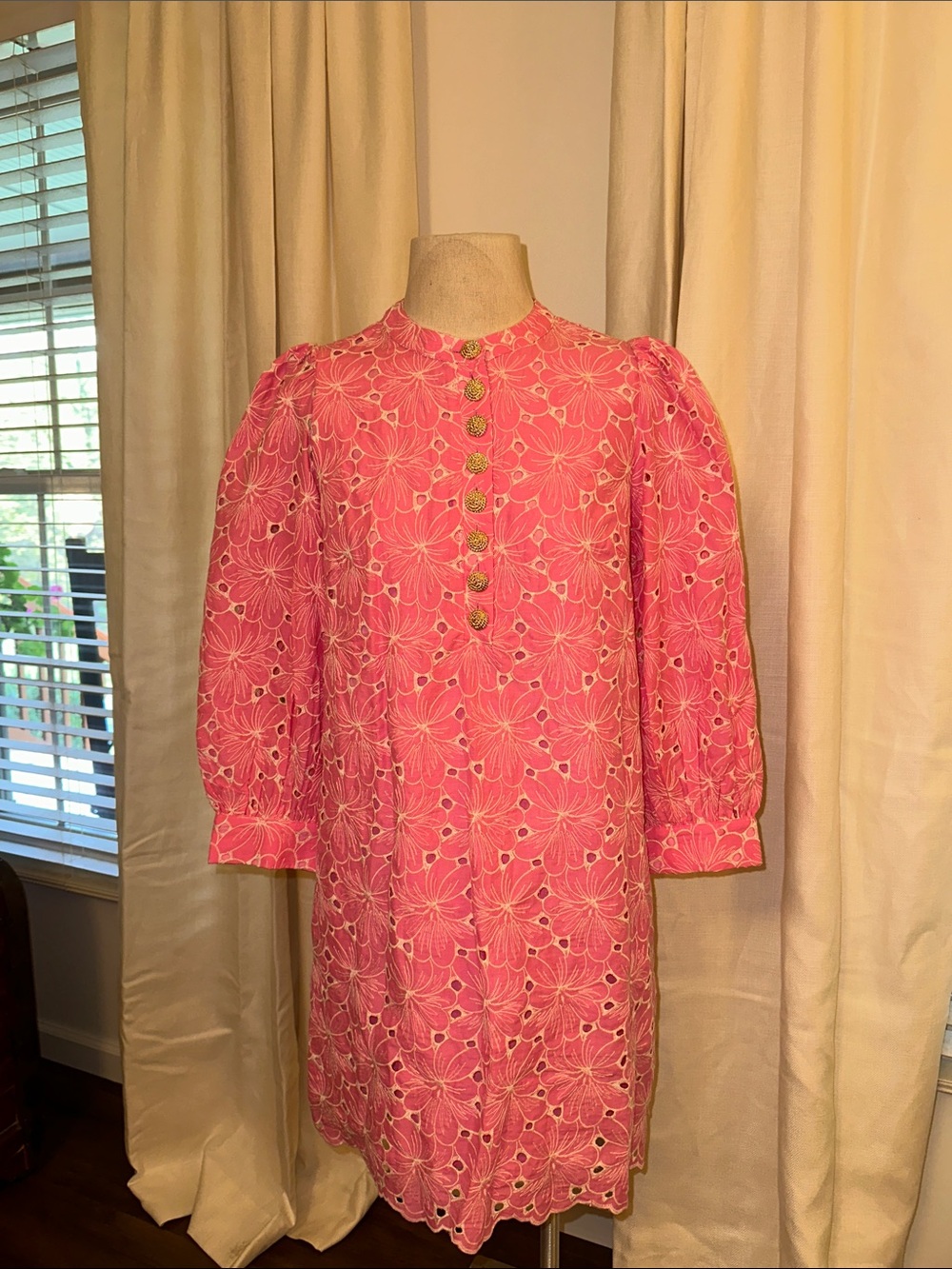 Pomander Place Pink Floral Eyelet Long Sleeve Shift Dress
